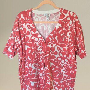 Womens Shirt Denim & Company XL Coral Floral Button Down Short Sleeve Shirt